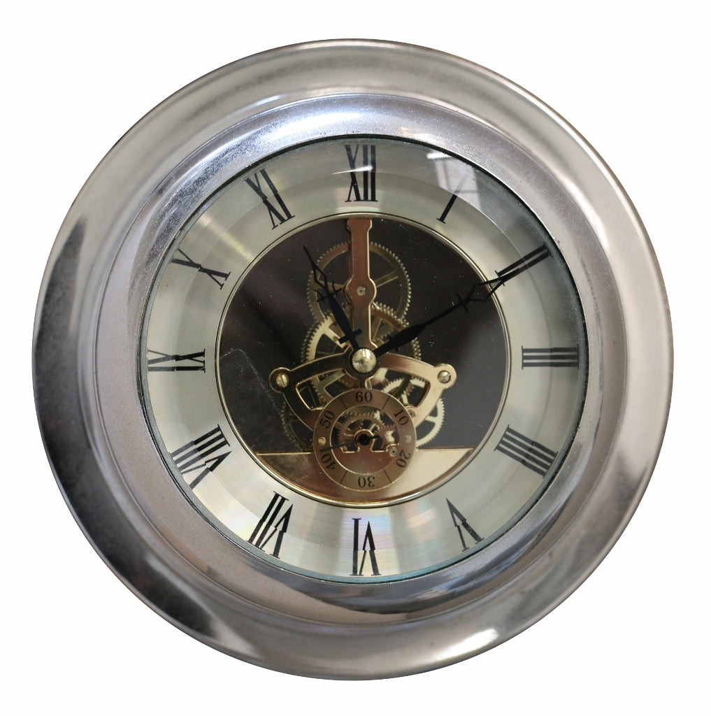 Wall Clock in Nickel Finish Showing Working Mechanisms - Tilly and Tiffen 