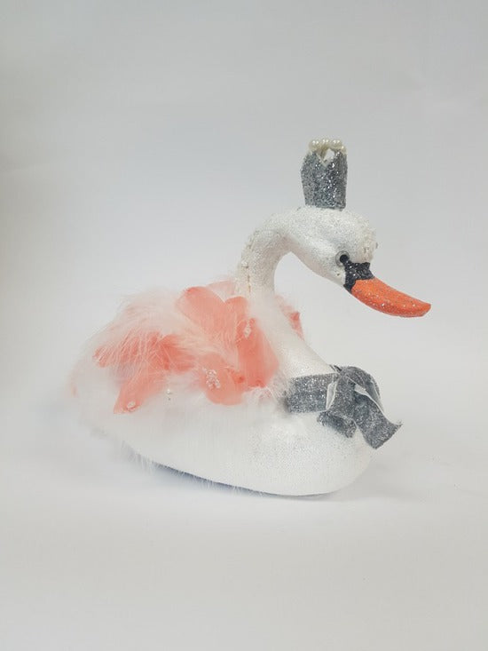 White/Salmon Sequin & Velvet Swan with Silver Crown - Tilly and Tiffen 